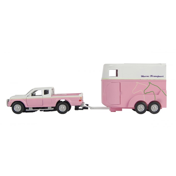 Kids Globe 1:32 Scale Pink Diecast Mitsubishi L 200 Pickup with Horse Trailer and 2 Horses KG520124