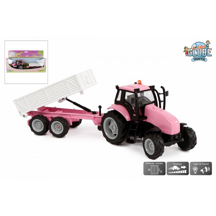 Kids Globe 1:32 Scale Pink Diecast Tractor Toy With Trailer - Light and Sound KG510241