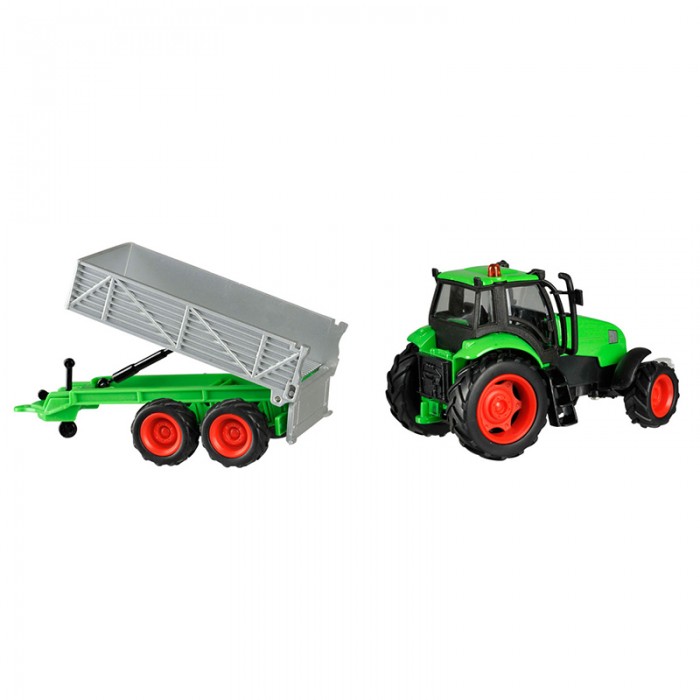 Kids Globe 1:32 Scale Green Diecast Tractor Toy with Grey Trailer - Light and Sound - Pullback Action System KG510653C