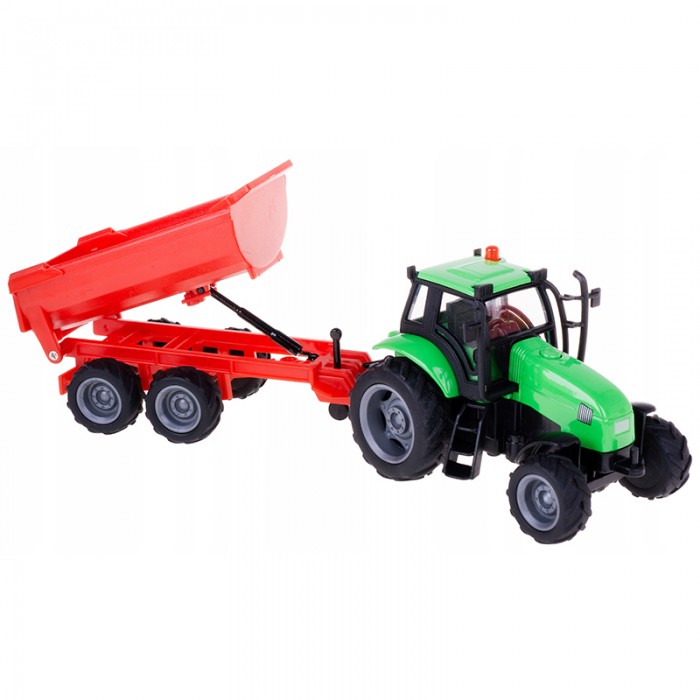 Kids Globe 1:32 Scale Green Diecast Tractor Toy with Red Dumper Trailer - light and sound and Pullback action KG510653B