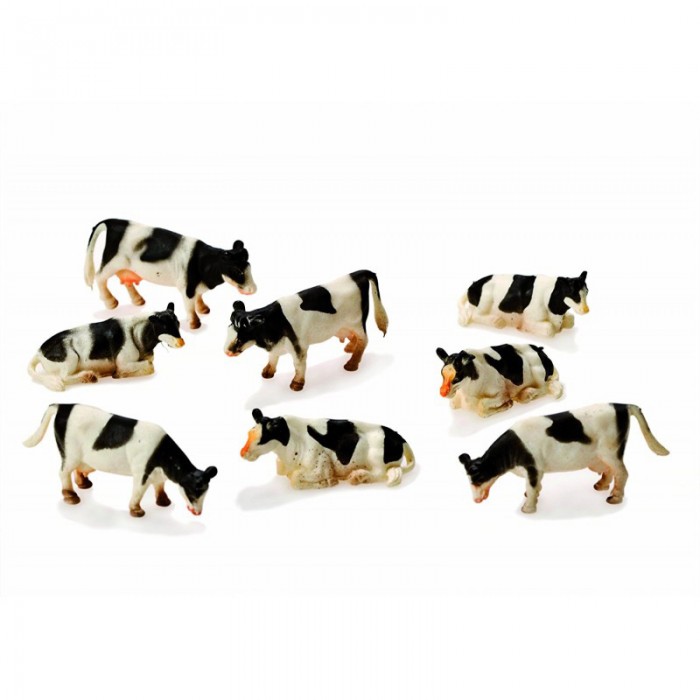 Kids Globe 1:87 Scale 8 Piece Standing-Laying down Black and White Cow Set KG571878