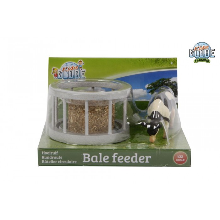 Kids Globe 1:32 Scale Cattle Feeder Set With Round Bale and Standing Cow KG571961