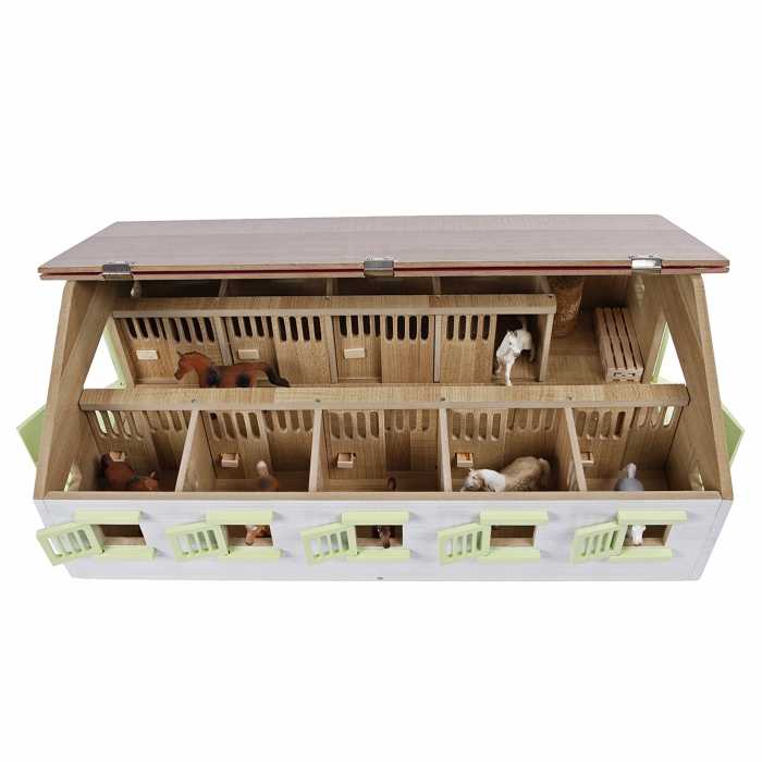Kids Globe 1:32 Scale Wooden Horse Stable Toy with 9 Stalls Pink-White-Light Green KG610188